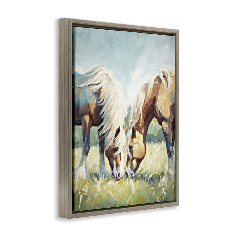«Horses Grazing Together» par Ramona Murdock, Cadre flottant orme Montalcino, H 31 po x l 25 po