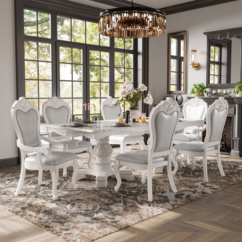 Roslindale Dining Table Set, 7 Pieces: Table, 6 Chairs, White, Beige