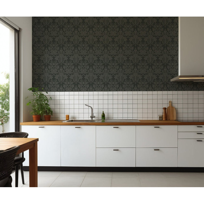 Rococo Relief - Wallpaper, Obsidian, Faux Grasscloth