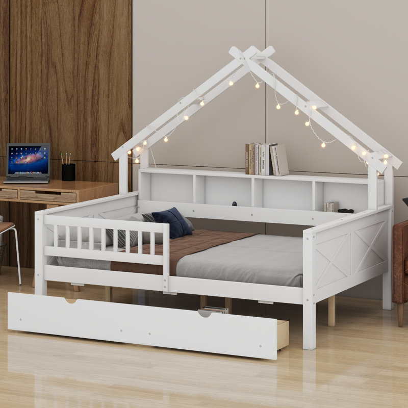 Lits plateforme en bois avec DEL, tablettes de rangement, tiroirs et garde-corps, Blanc