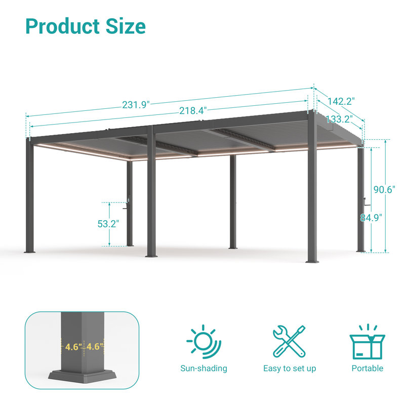 Modern Aluminum Pergola with Adjustable Louvers, LED Lights, and Solar Charging, 12 ft × 20 ft