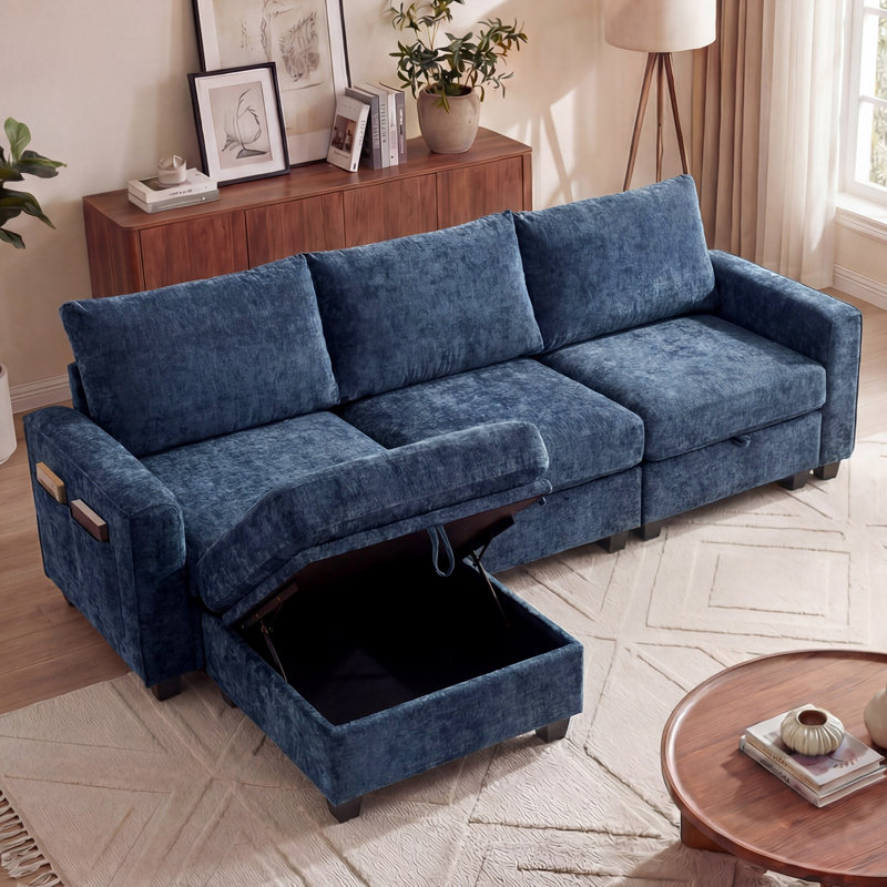 4 Seat Chenille L-Shaped Modern Modular Sectional Sofa With Storage, Blue Chenille