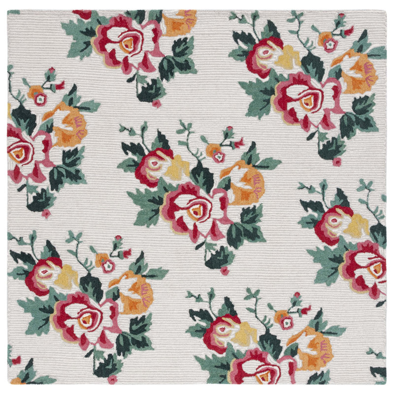 Akyrie Floral Handmade Tufted Wool Ivory/Red Area Rug, Square 6'