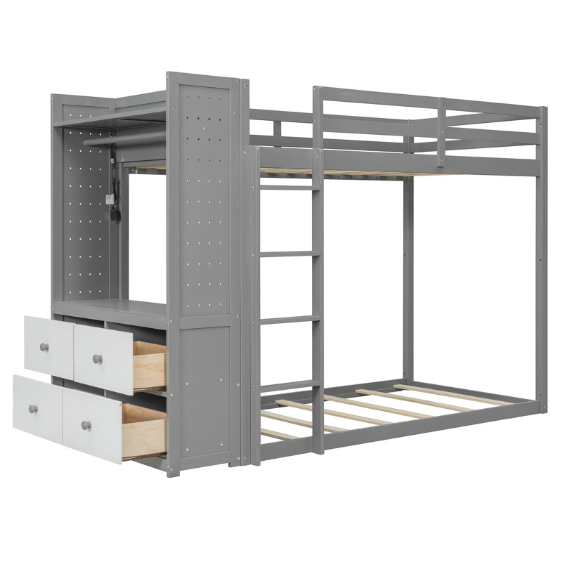 Lit superposé simple avec 4 tiroirs de rangement, rail suspendu, bande lumineuse et tablettes intégrées et 2 panneaux perforés, gris, 3 couleurs disponibles