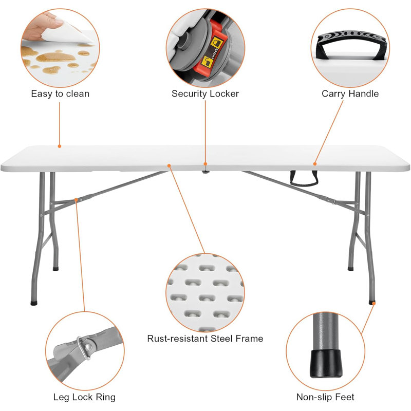 Folding Picnic Table, Plastic Picnic Table, Portable with Carrying Handle, White Tailgate Utility Commercial Craft Table with Heavy Duty Frame for Parties and Events.