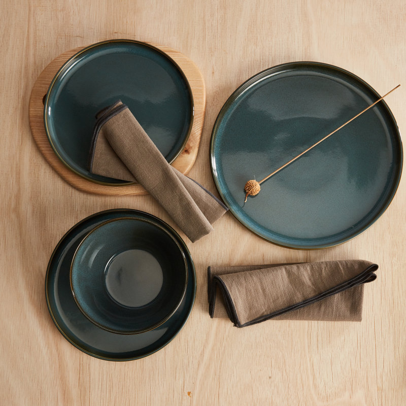 Waterside 12pc Reactive Glaze White Dinner Set, Green