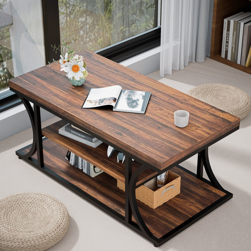 Table basse Farmhouse Mid-Century avec tablette de rangement, table basse industrielle à 3 niveaux pour le salon