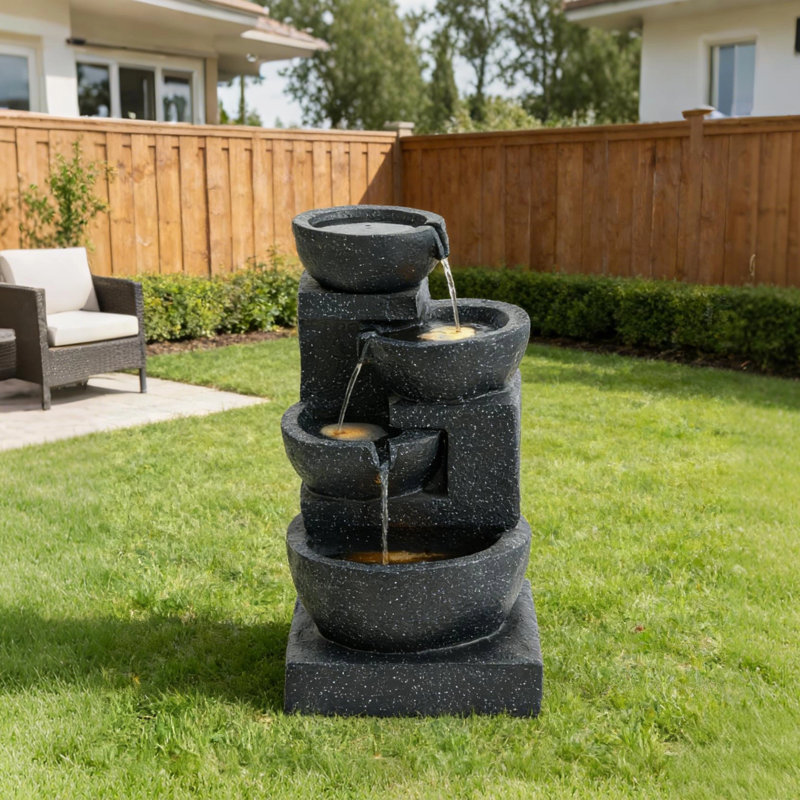 4-Tier Outdoor Water Fountain With LED Lights, 29" Resin Garden Waterfall Feature With Cascading Bowls, Freestanding Patio Backyard Decor