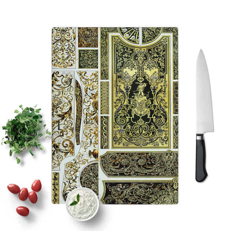 Tempered Glass 17Th and 18Th Century with Scrolls and Birds Chopping Board, 28.5 cm W x 39 cm L