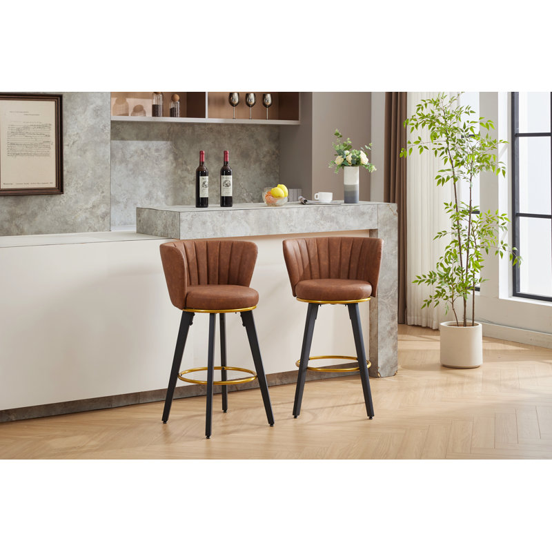 Counter Height Bar Stools Set Of 2, 360° Swivel Upholstered Barstools With Backs And Metal Legs, 26" H Seat Height, Velvet Fabric,Goldy Footrest