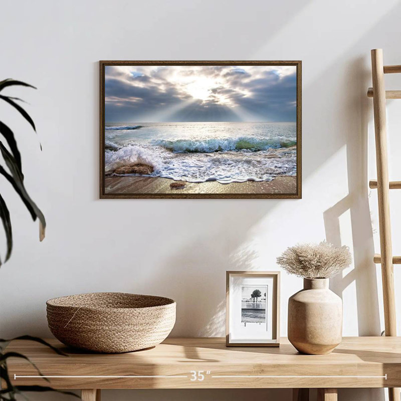Océan au lever du soleil, 19 po x 13 po, Cadre flottant en noyer