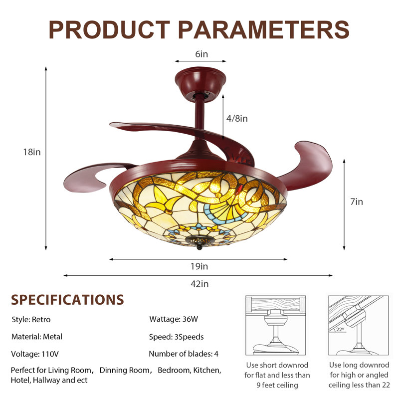 Ventilateur de plafond en vitrail Tiffany de 42 po avec lumières DEL Perrysburg | Pales rétractables, télécommande, ventilateur à intensité variable 3 couleurs pour la chambre à coucher, le salon et la salle à manger