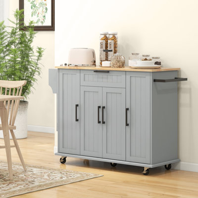 Kitchen Island on Wheels, Kitchen Cart with Solid Wood Top, Grey