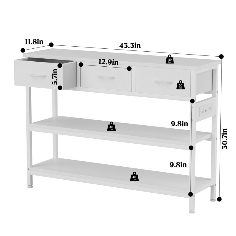 3-Tier Console Table With Charging Station & 3 Fabric Drawers,43.3'' Entryway Table With Storage Drawers And Open Shelves, Narrow Sofa Table With USB Ports And Outlets, Adjustable Feet, And Modern Design For Hallways, Living Rooms, And Small Spaces