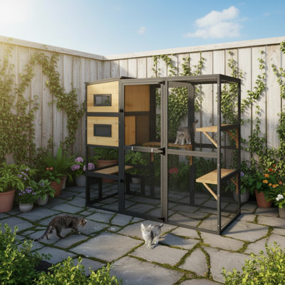 Grande maison pour chat en bois multi-chats, avec boîtes de repos, plateforme, toit et porte imperméables, belle et pratique palette de couleurs noire et jaune.