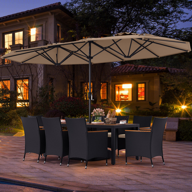 11 PCS Patio Wicker Dining Set with Double-Sided Outdoor Umbrella 8 Stackable Chairs, Taupe, Brown