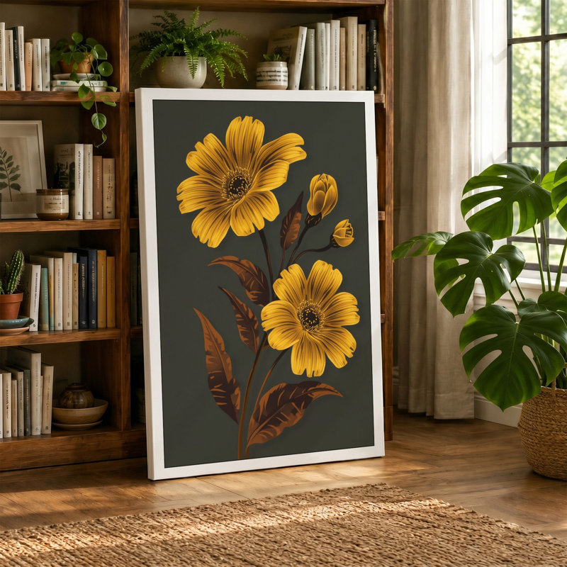 Golden Daisy Study Botanical - Wrapped Canvas, 30x20 - 76.2 x 50.8 cm, Taupe Border