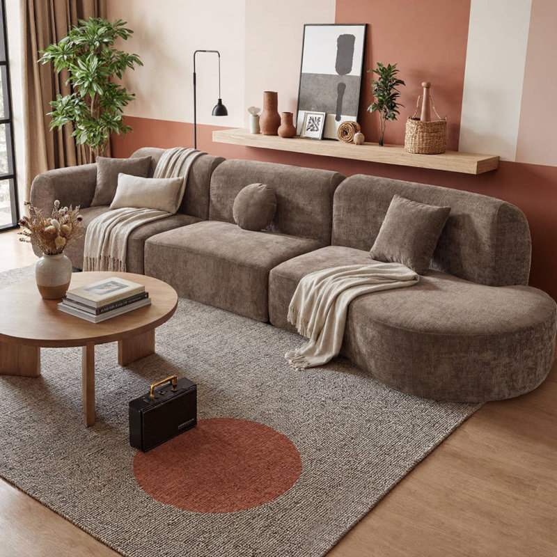 Canapé modulaire incurvé moderne de 140 po avec méridienne, éponge compressée haute densité de style désossé, canapé 4 places entièrement assemblé, tissu en polyester moelleux, faisant face à la droite