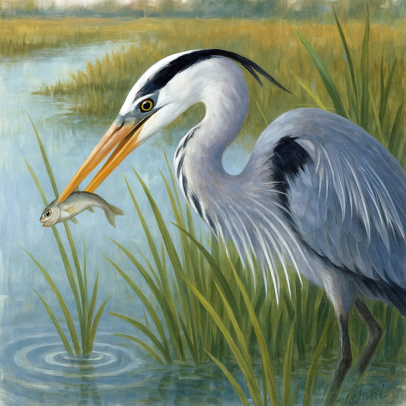 «Blue Heron in Verdant Marsh», art mural sur toile