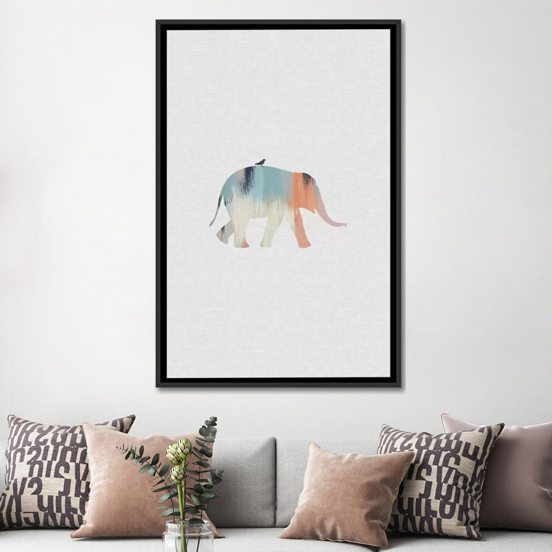 «Pastel Elephant», reproduction d'impression sur toile, H 26 po x l 18 po x P 1,5 po, Toile avec cadre noir, Pas de tapis