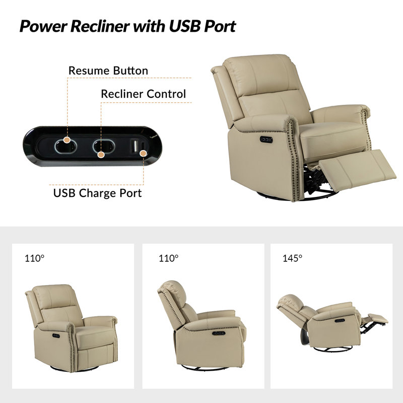 Inglenook 32" Wide Genuine Leather Power Swivel Standard Recliner Set Of 2, Beige