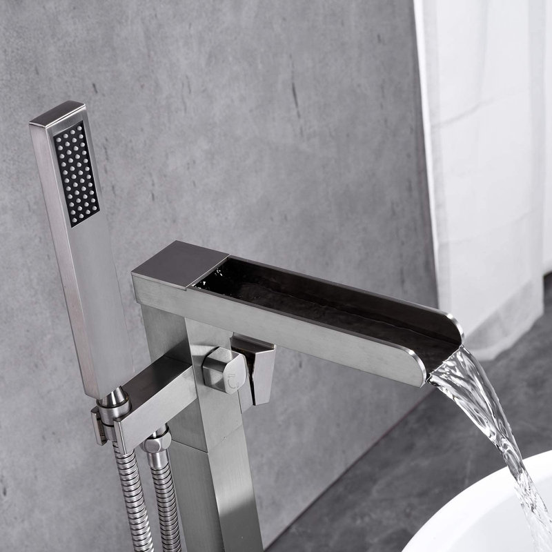 Brushed Nickel Freestanding Waterfall Tub Filler Faucet with Hand Shower