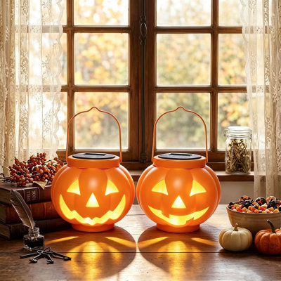 Ensemble de 2 lanternes solaires citrouilles d'Halloween, décor extérieur imperméable pour cour, pelouse et sentier