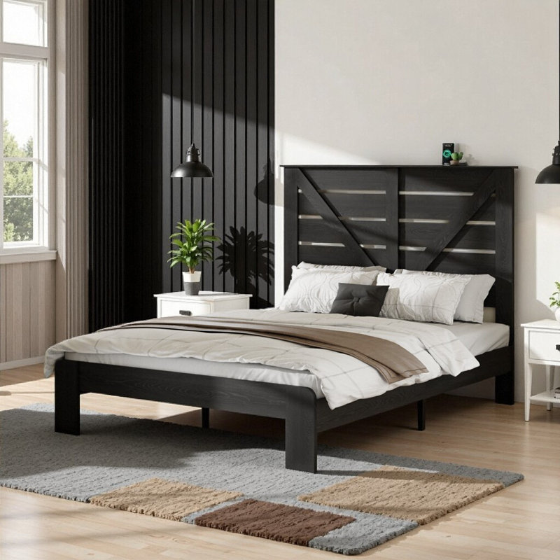 Structure de lit plateforme industrielle en bois noir avec tête de lit - Lit de rangement pleine grandeur, sans bruit et sans outil