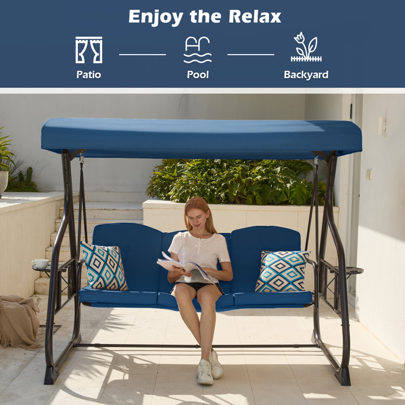 800lbs Outdoor Patio Swing With Stand W/canopy & Adjustable Backrest, Blue