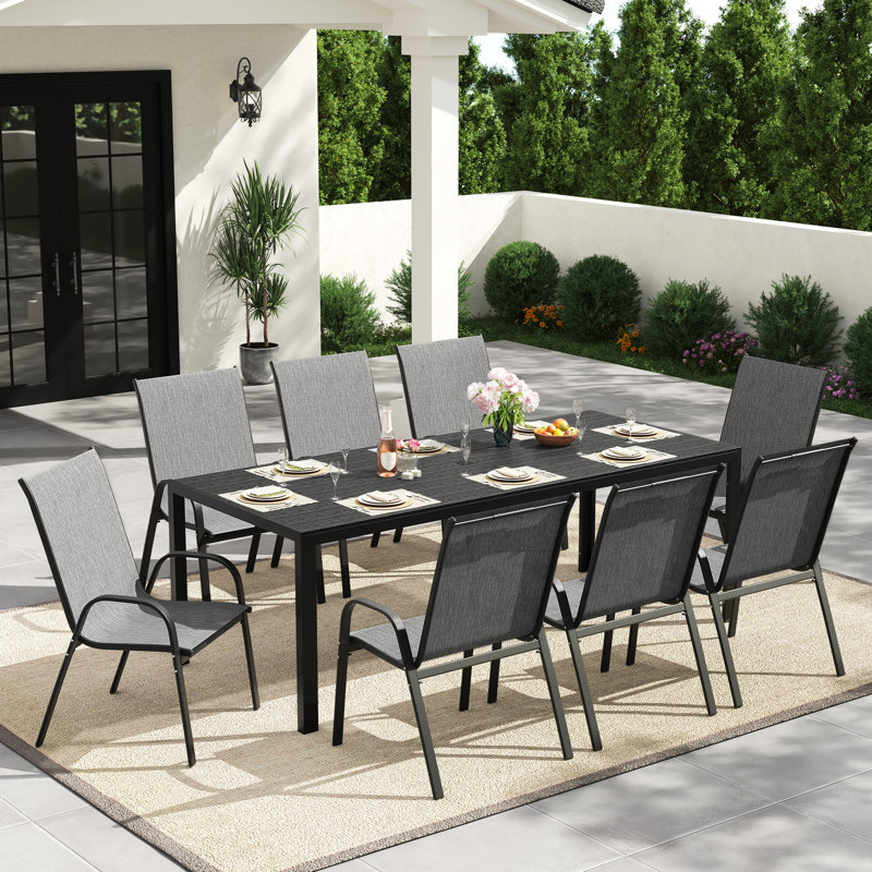 Ensemble de salle à manger d'extérieur pour 8 personnes, chaises empilables et table de salle à manger Hdpe 82,6 po, ensemble de salle à manger toutes saisons pour pelouse, jardin, cour