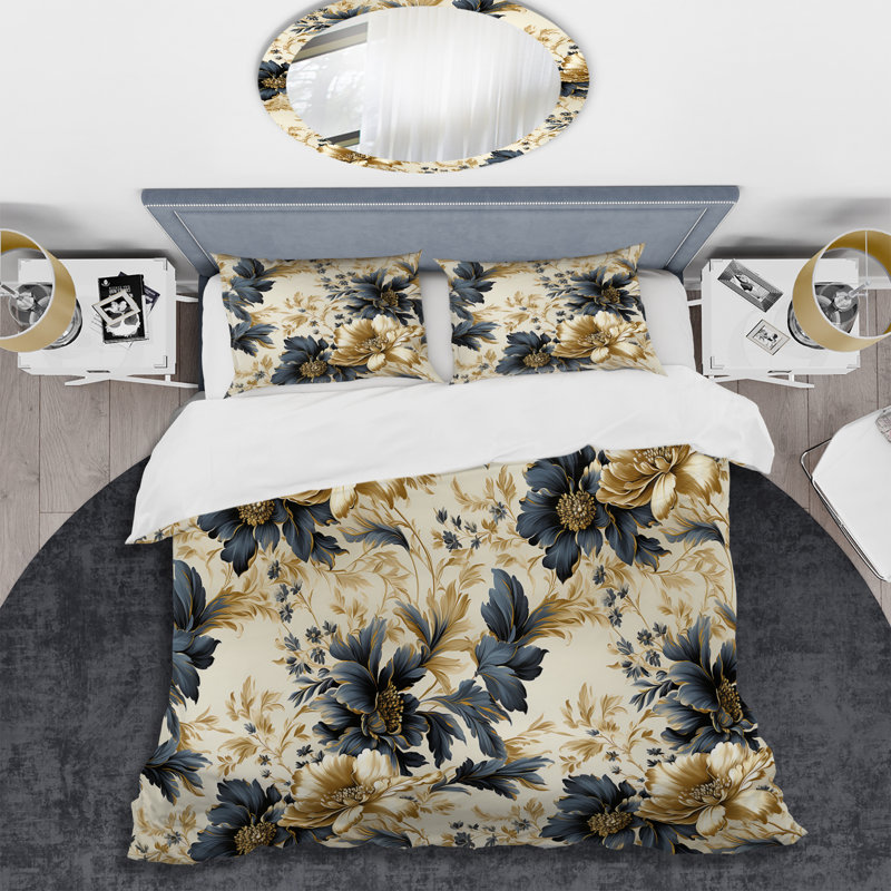 Ensemble de housse de couette à motif floral damassé doré et blanc doré et blanc