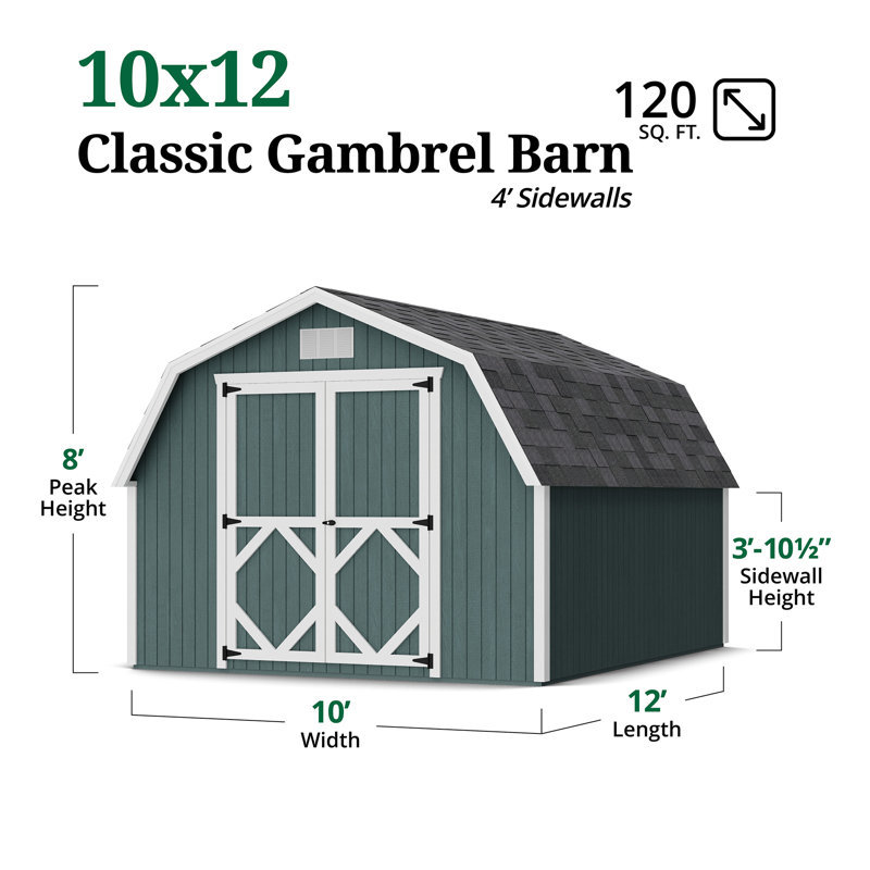 Classic Gambrel Outdoor Wood Storage Barn with 4 ft. Sidewalls, 10' x 12', Yes