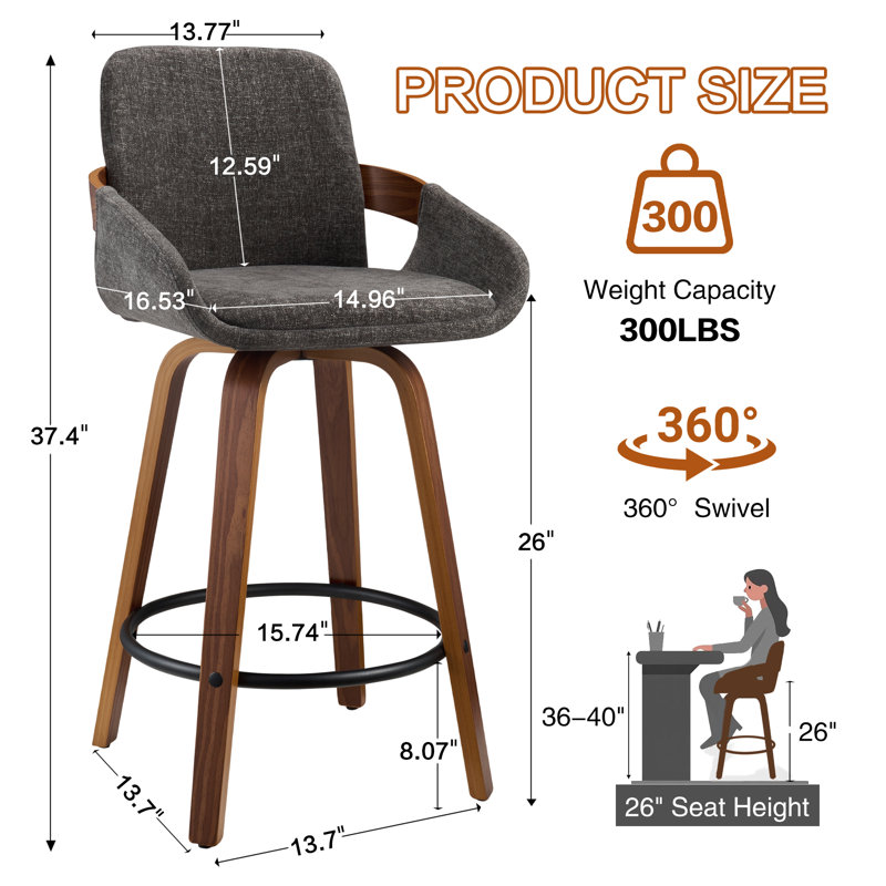 Swivel Bar & Counter Stool Set of 2, Dark Gray, 2