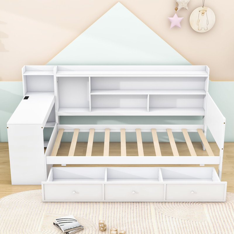 Wooden Daybed With Three Drawers, USB Ports and desk, Twin, White