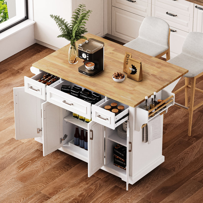 Îlot de cuisine avec abattant en bois d'hévéa, Blanc