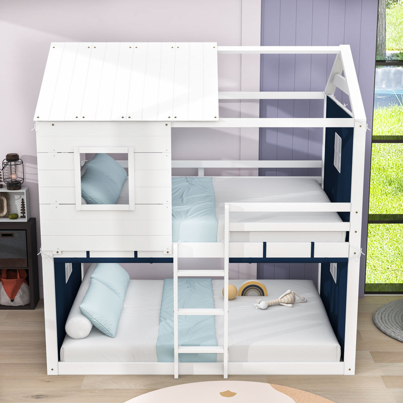 Frame House Bed With Tent And Ladder, Blue White, Full Over Full