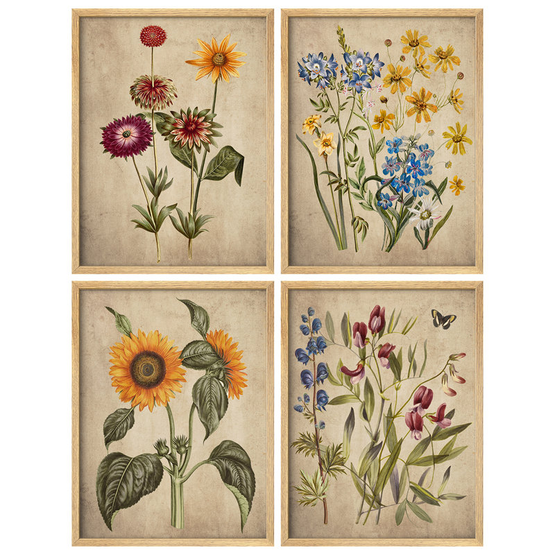 «Rustic Yellow Wildflowers Retra», reproduction d'art encadrée, affiches, salle de bain, petit art mural, Naturel / naturel