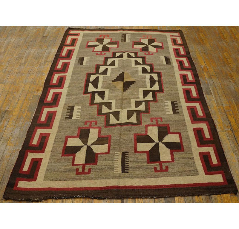 1920s Gray Medallion Antique American Navajo Rug 4'6"x6'6" Flatweave Wool Carpet