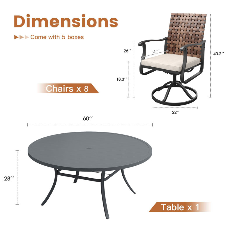 8-Person Round Outdoor Dining Set with 60" Dining Table and 8 Swivel PE Rattan Chairs & Cushions, Gray