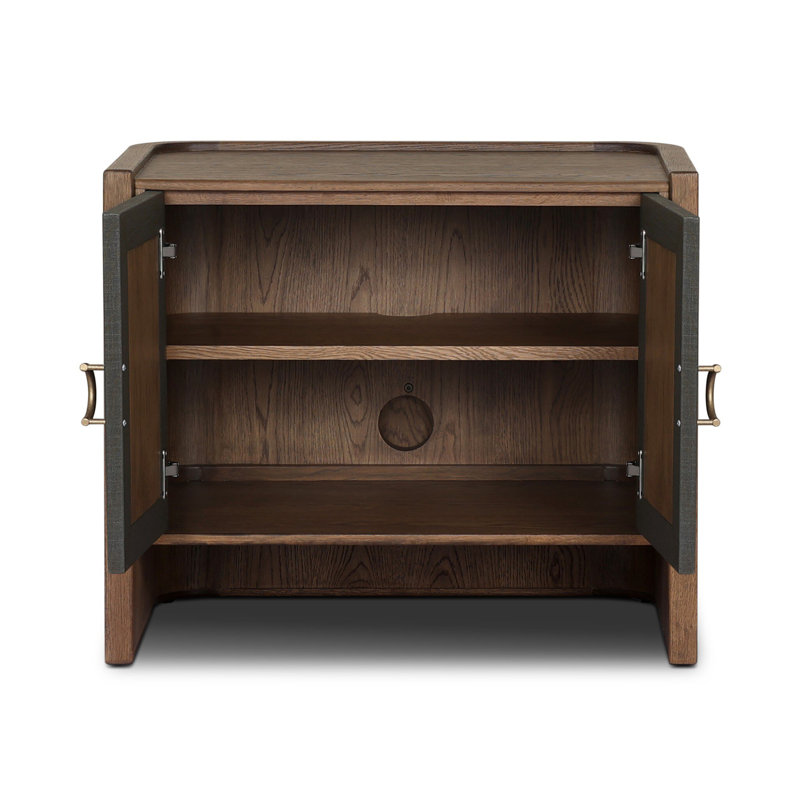 KIRAN Nightstand, Dark Green Lacquered Linen/Amber Oak Veneer