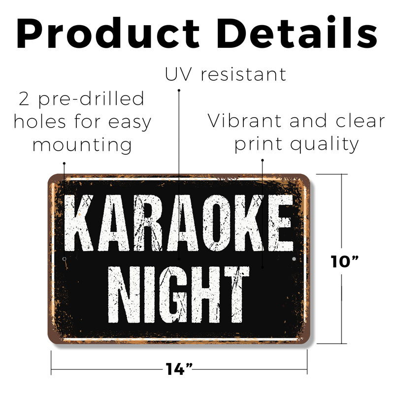 Plaque de rue Karaoke Night, H 10 po x l 14 po x P 0,1 po