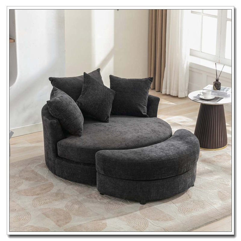 Fauteuil demi-tonneau pivotant à 360 ° avec repose-pieds avec rangement et 4 coussins, Gris