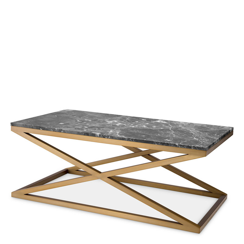 Coffee Table Criss Cross Brushed Brass Finish - Gray Marble