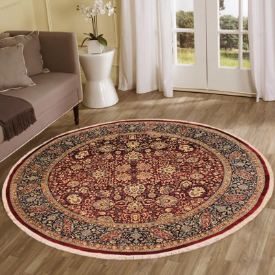 Tapis rond rouge / beige en laine noué à la main 7 pi 11 po Elko