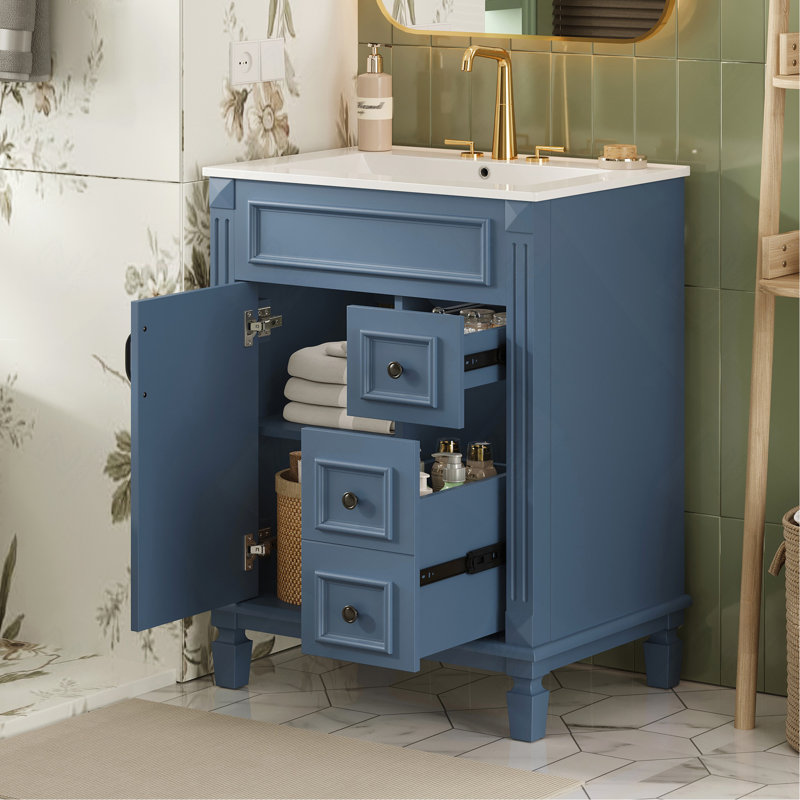 Meuble-lavabo 24 po avec lavabo en céramique, petite armoire de salle de bain moderne, 2 tiroirs et tablette réglable