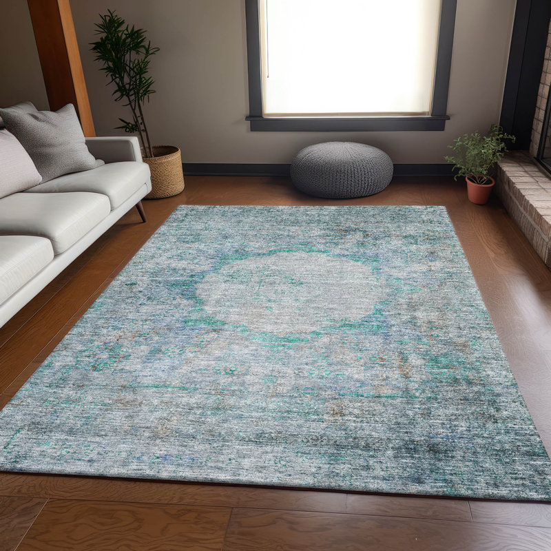 Premium Machine Washable Prisco Teal Rug, Rectangle 10' x 14'