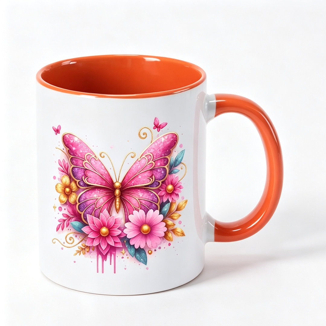 1pc Pink Golden Butterfly Floral Design Ceramic Coffee Mug Insulated, Reusable.