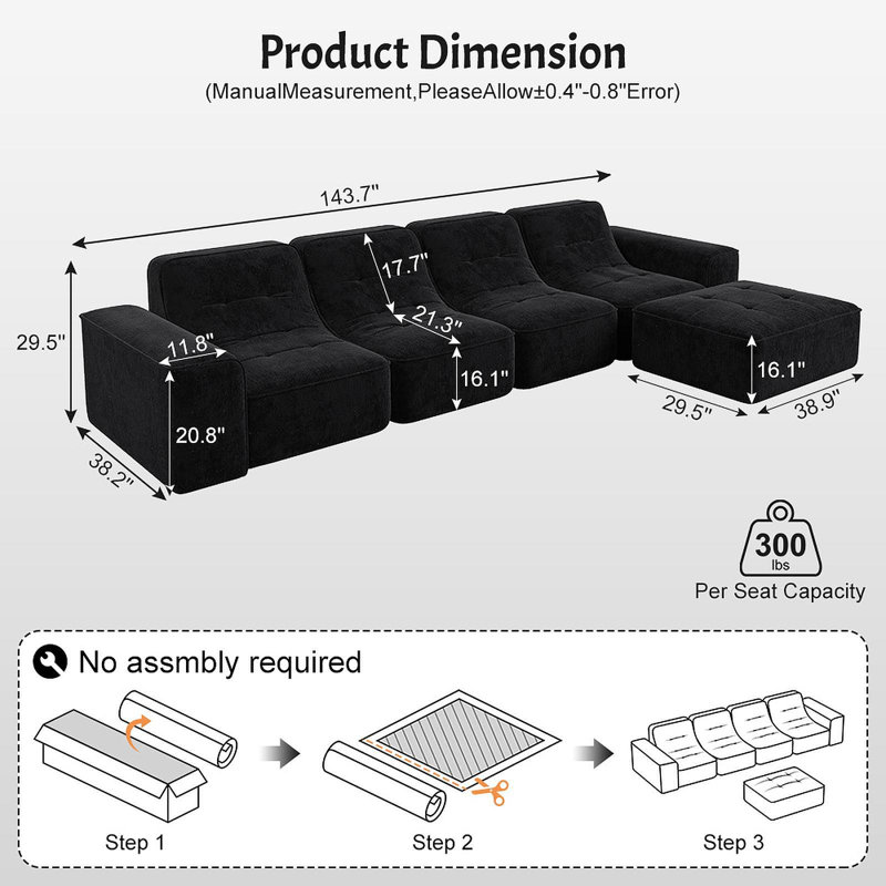 Ensemble de canapé modulaire de 143,7 po avec repose-pieds amovible, conception capitonnée, siège profond, méridienne et chaise d'appoint, canapé en chenille étincelant bricolage moderne pour salon, appartement, bureau