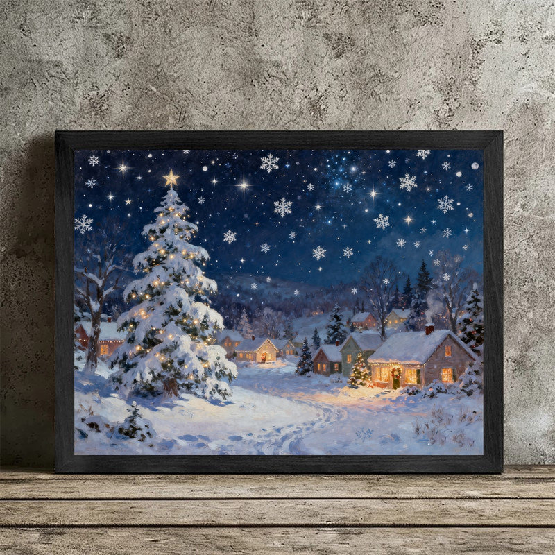 Art mural de village de Noël fantaisiste noir encadré, décor de scène d'hiver enneigé, 37" H x 25" W