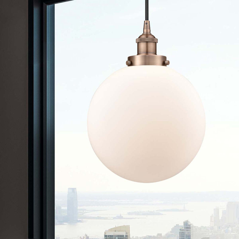 Luminaire suspendu sphère 1 lumière Frederick, Blanc mat, Cuivre antique